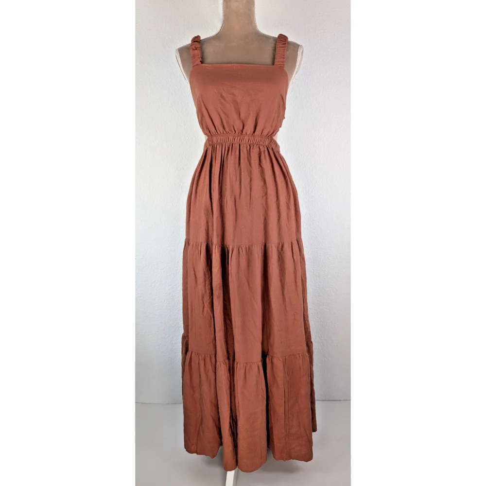 Abercrombie & Fitch Scrunchie Tiered Cutout Waist Maxi Dress Small Rust Orange